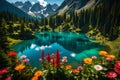 Wild flowers on lakeside with mountains in background