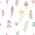 Wild flowers and leaves seamless pattern. Blooming botanical motifs scattered random. fathion trend print. watercolor