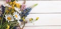 Wild flowers on old grunge wooden background chamomile lupine dandelions thyme mint bells rape Royalty Free Stock Photo