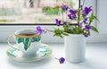 Wild flowers pansies and a Cup of coffee on the windowsill in rainy weather Royalty Free Stock Photo