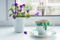 Wild flowers pansies and a Cup of coffee on the windowsill in rainy weather Royalty Free Stock Photo