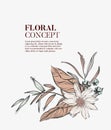 Wild flowers romantic bouquet, elegant romantic botanical concept. Garden floral bloom with outline art: pampas grass, white