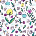 Wild Flowers Seamless Pattern in Cartoon Style