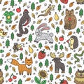 Wild forest animals. Cute woodland doodles. Childish drawing. Seamless pattern.