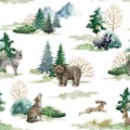 Wild forest animals seamless pattern. Watercolor image. Hand drawn forest bear, wolf, rabbit, badger,fir trees
