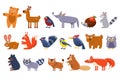 Wild forest animals set, cute cartoon bear, bird, hedgehog, wolf, raccoon, elk, deer, rabbit, squirrel, tit, woodpecker