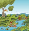 Wild forest with cartoon children on a boat.