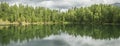 Wild forest lake, panoramic view. Gloomy sky, beautiful reflection Royalty Free Stock Photo