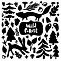 Wild forest set constructor of cartoon black silhouettes isolated on white. Raccoon, mink and hare hid in the forest