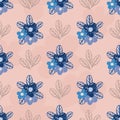 Wild Forget-me-not flowers seamless vector pattern background. Backdrop of pink and blue floral bouquets and inky leaves Royalty Free Stock Photo