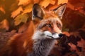 Wild fox in a autumn or fall landscape with sunlight and fallen leaves