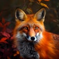 Wild fox in a autumn or fall landscape with sunlight and fallen leaves