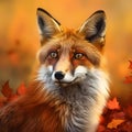 Wild fox in a autumn or fall landscape with sunlight and fallen leaves