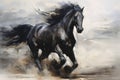 Wild free black horse in motion. Power and Grace of Horse. Painting in style of Impressionism and oil painting, rough Royalty Free Stock Photo