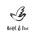 Wild and free. Hand sketched bird logo. Black cut silhouette on