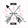 Wild free poster. Indian tribal cross arrows, american apache mohawk arrow vector illustration