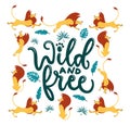 Wild and free template with lettering and frame made of lions Royalty Free Stock Photo