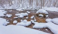 The wild frozen river in the winter wood atfter snow storm, the wild nature, ice, snow-covered stones, peace and quiet