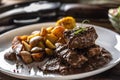 Wild game goulash stew served with roasted potatoes and seasoned with four colour pepper corn. Whole food is surrounded by hunting Royalty Free Stock Photo