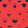 Wild garden blooming flowers. Flowers tulip pattern seamless. Multicolored stylized flowers. Vector illustration folk style