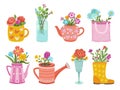 Wild garden bouquets. Wildflowers, herbs bunch in vases. Floral branch decoration, isolated meadow blooming plants exact