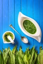 Wild garlic leaves with mortar, spoon and garlic soup in white plate on blue wooden background, healthy lifestyle, seasonal spring Royalty Free Stock Photo