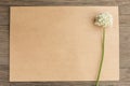 Wild garlic white flowers with craft paper blank on old grunge wooden background. Top view. Minimalistic mockup. Royalty Free Stock Photo