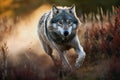 Wild Gray wolf running in the forest at sunset. Amazing wildlife. Generative Ai Royalty Free Stock Photo
