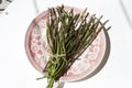 Wild green asparagus on the plate Royalty Free Stock Photo