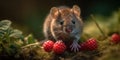 Wild Grey Mouse Eating Fresh Raspberry In The Forest