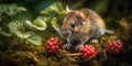 Wild Grey Mouse Eating Fresh Ripe Raspberry In The Forest