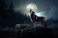 Wild grey wolf howling to moon in dark forest. Generative AI