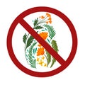 Wild herbs and flowers in prohibition sign. Danger of poisonous plants. Picking flowers is forbidden. Vector hand drawn flat