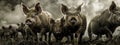 A group of fiercely intimidating pigs, exuding power and primal energy.