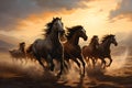 A wild herd of horses gallop through the dusty landscape.