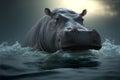 Wild Hippopotamus swims in raging sea with waves. (Hippopotamus amphibius) or hippo. generative AI