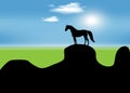 Wild horse on the cliff at the sunset flat vector illustration. Beautiful nature landscape, meadow, horizon and mountains Royalty Free Stock Photo