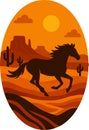 Wild Horse Desert Sunset Oval Flat Vector Illustration Royalty Free Stock Photo