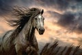 wild horse with windswept mane against dramatic sky