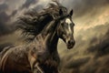 wild horse with windswept mane against dramatic sky