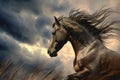 wild horse with windswept mane against dramatic sky
