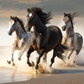 Wild Horses Running On A Beach. Ai Generated