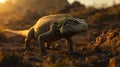 Wild Iguana Walking on Rocky Ground at Sunset Royalty Free Stock Photo