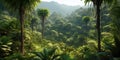 Wild jungle panorama, deep forest with palm trees and tropical plants, generative AI