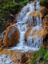 A small waterfall, running water in orange tones. rocks, rocky trees, twigs and moss.