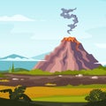 Wild landscape with volcano and lava. Cartoon background for game design projects Royalty Free Stock Photo
