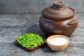 Wild leek pesto on a slice of bread with olive oil and salt on a wooden table with bread. Useful properties of wild garlic. Fresh Royalty Free Stock Photo