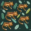 Wild leopards with leafs pattern scene