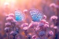 Wild light blue flowers in field and two fluttering butterfly on nature outdoors, close-up macro