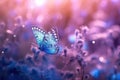 Wild light blue flowers in field and two fluttering butterfly on nature outdoors, close-up macro